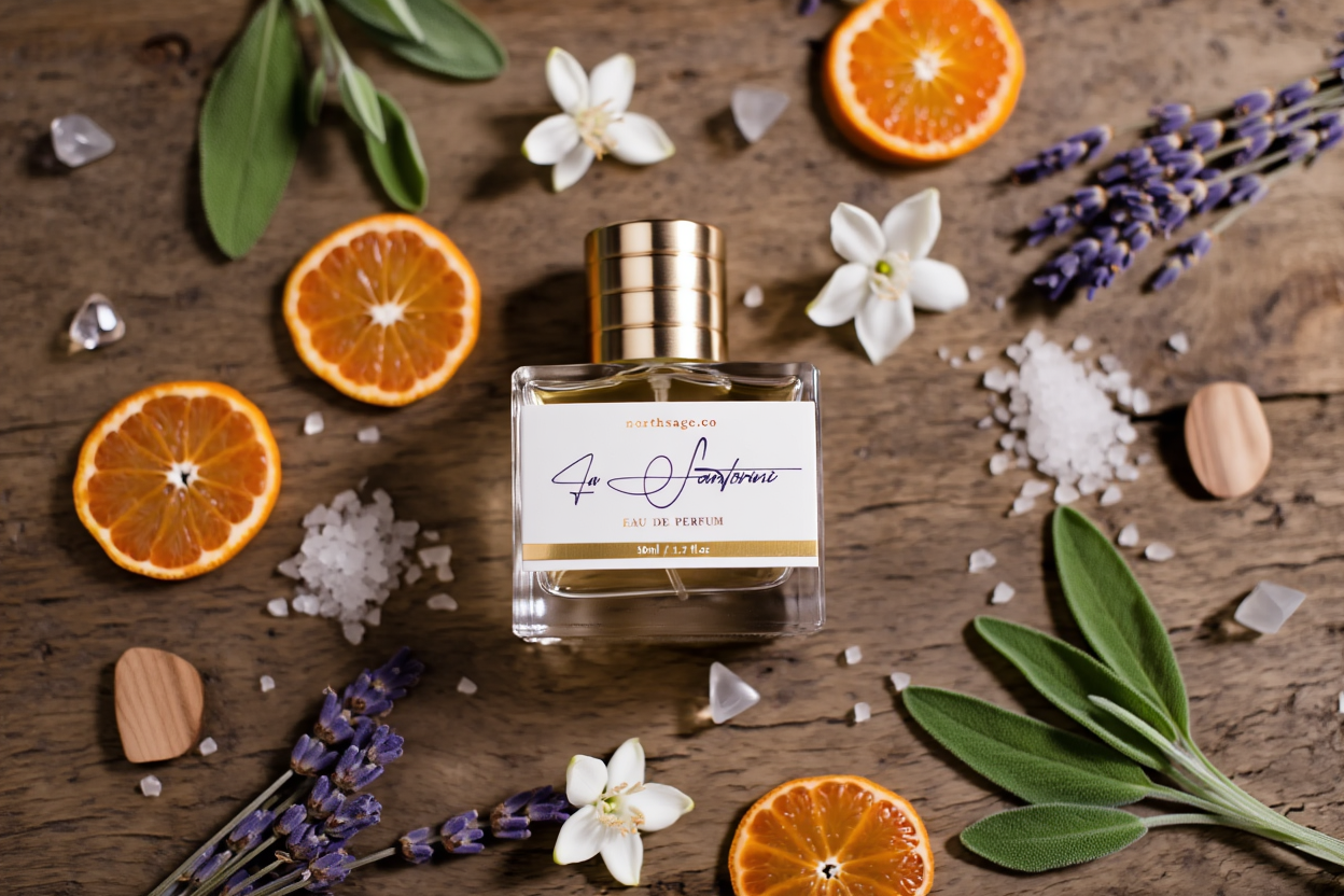 La Santorini Aromatic Breeze by Northsage bottle with floral and citrus design, showcasing the product's elegant packaging.
